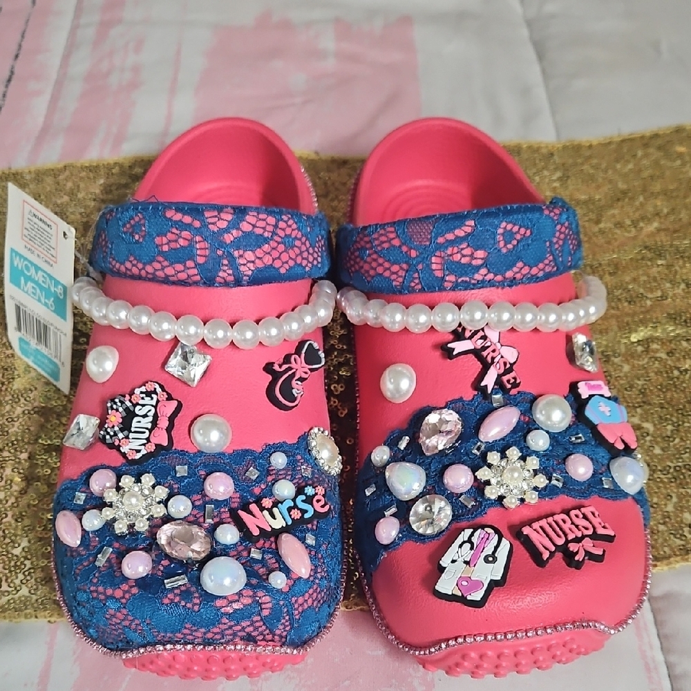 NWT Pink and Blue Custom Clogs  with Decorative Accents